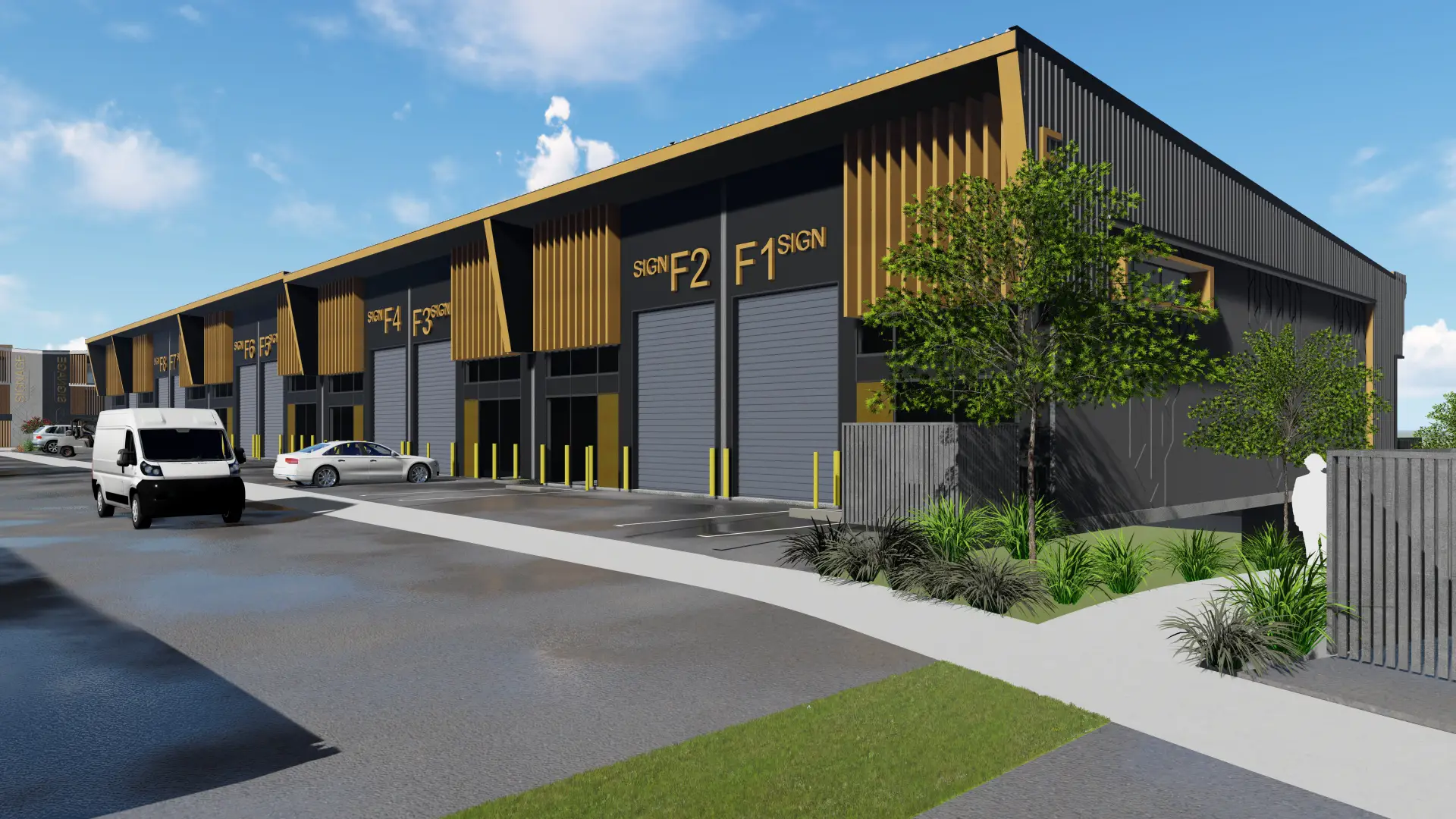 A row of warehouse and showroom units with roller doors, gold signage and a yellow bollard line along the service lane