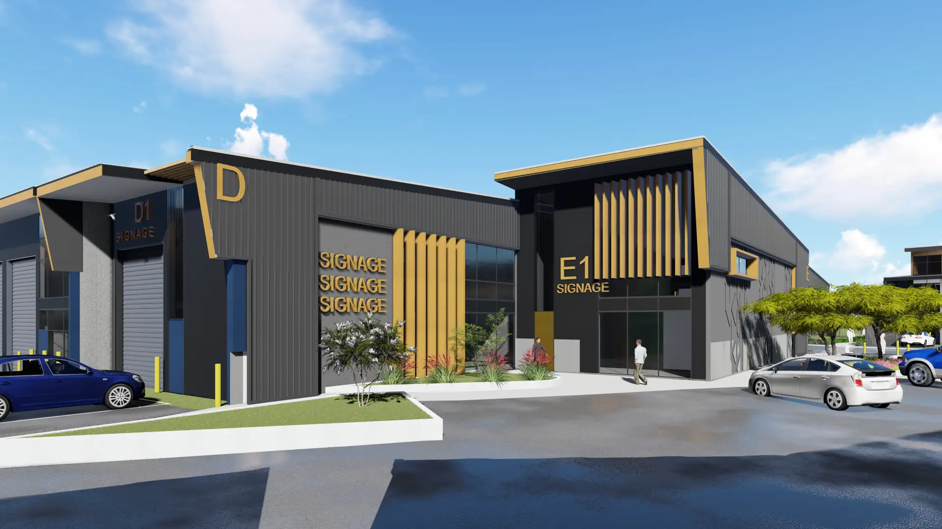 Two-storey commercial units at the precinct with gold signage, vertical timber screens and a landscaped forecourt