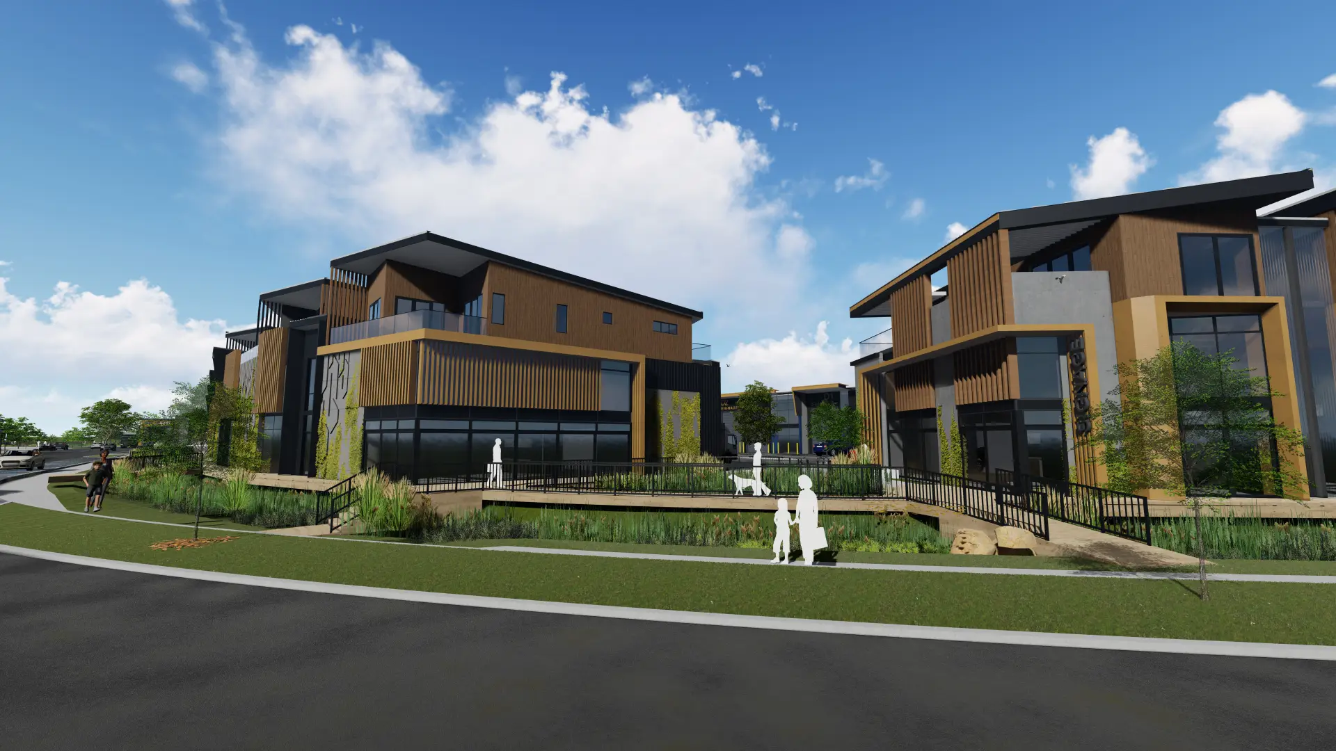 Artist impression of the food and beverage precinct, with outdoor seating and planting along the edge of the development